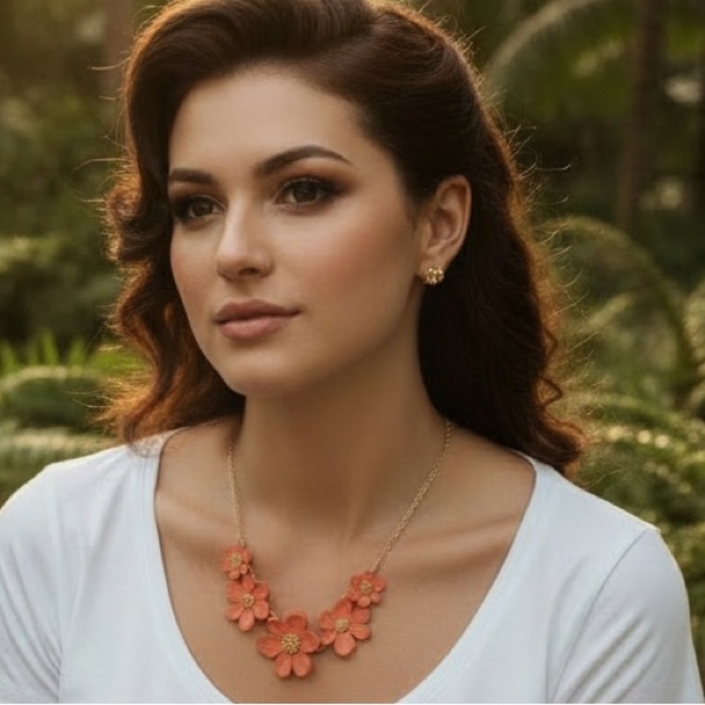 NEW Coral Flower Statement Necklace Gold Tone Floral Theme for Spring Summer